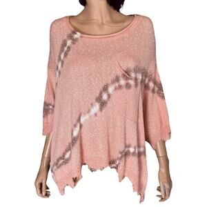 Oversized Cropped Knit Sweater L Coral Pink Boho Lagenlook Asymmetric